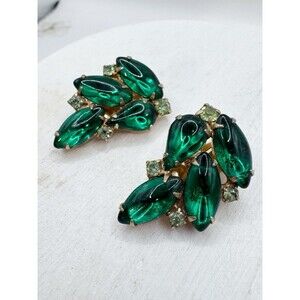 Weiss Vintage Emerald Green Rhinestone Cluster Clip On Earrings Retro MCM